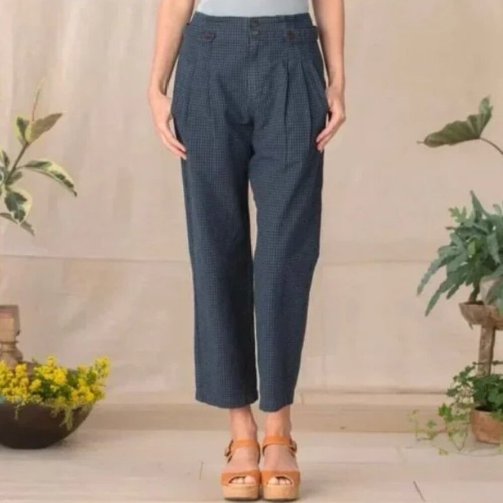 Sundance Vie De Reve Cotton/Linen Navy Check High Rise Pleated Ankle Pants 8